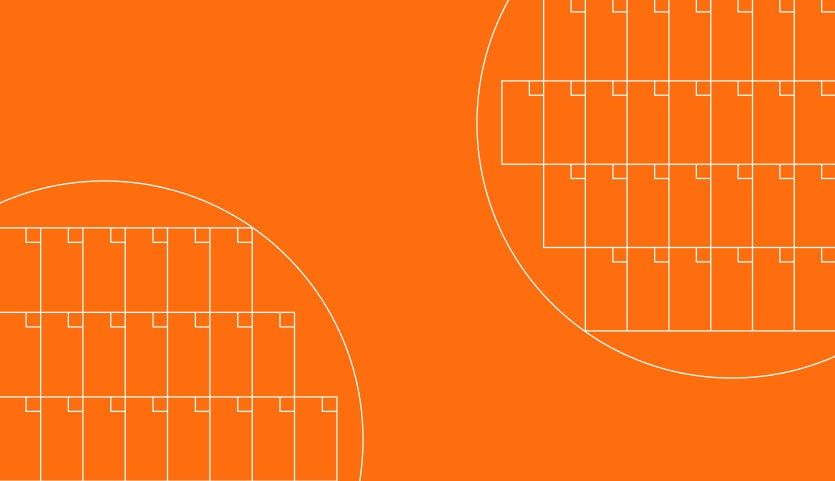 Abstract orange background with overlapping pale geometric rectangles and large curved outlines.